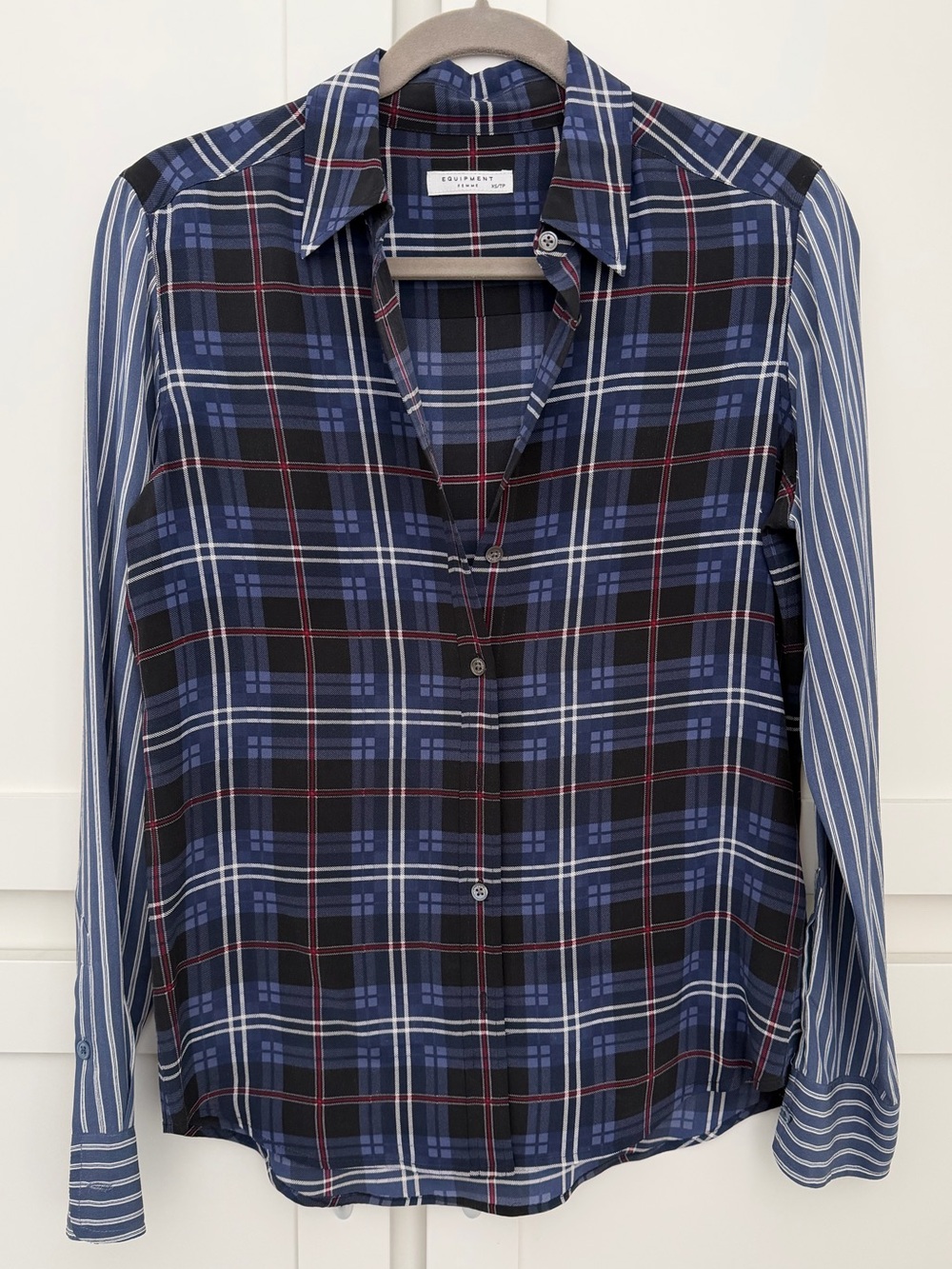 Equipment Navy Plaid Button-Down Shirt with Striped Sleeves